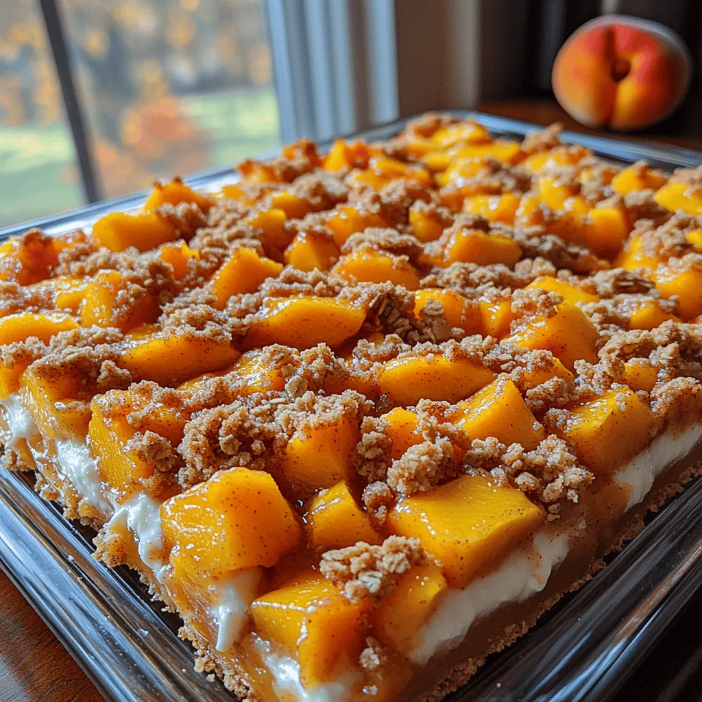 - <strong>Ripe Peaches</strong>: The most crucial component of this recipe, ripe peaches should be fragrant and slightly soft to the touch. Their natural sweetness and juiciness are what make this dessert so delightful. When selecting peaches, look for ones that yield slightly under pressure but are not overly soft or bruised.” /></p>
</p>
<h3>Preparing the Peach Filling</h3>
</p>
<p>To create a delicious and aromatic peach filling for your Peach Bliss Crumble Bars, start by selecting ripe, juicy peaches. The quality of your fruit is essential; look for peaches that yield slightly to pressure and have a sweet aroma. Follow these detailed instructions for preparing the peach filling:</p>
</p>
<p>1. <strong>Macerate the Peaches</strong>: Begin by washing and peeling your peaches. Once peeled, slice them into small pieces, approximately 1/2-inch thick. Place the diced peaches in a mixing bowl and add 2 tablespoons of granulated sugar and 1 tablespoon of lemon juice. The sugar will help draw out the natural juices of the peaches, enhancing their flavor while the lemon juice adds brightness and balances sweetness.</p>
</p>
<p>2. <strong>Mix and Let Sit</strong>: Gently stir the peaches to coat them in the sugar and lemon juice mixture. Allow the peaches to sit for about 15-20 minutes. This process, known as maceration, will soften the peaches and create a syrupy filling that will meld beautifully with the crumble base.</p>
</p>
<p>3. <strong>Thicken the Filling</strong>: After macerating, you may want to thicken the filling to prevent excess moisture from making your bars soggy. Add 1 tablespoon of cornstarch to the peach mixture and stir until it is well combined. This will help achieve a perfect balance of sweetness and texture in the filling.</p>
</p>
<h4>Tips for Achieving the Perfect Peach Filling</h4>
</p>
<p>– <strong>Choose the Right Peaches</strong>: Freestone peaches are ideal for this recipe since they come off the pit easily. If you can only find clingstone peaches, just make sure to slice them carefully.</p>
<p>– <strong>Adjust Sweetness</strong>: Depending on the ripeness of your peaches, you may need to adjust the sugar content. Taste a slice of peach and determine if more sugar is necessary before macerating.</p>
<p>– <strong>Flavor Boost</strong>: For an extra layer of flavor, consider adding a pinch of cinnamon or nutmeg to your peach filling.</p>
</p>
<h3>Crafting the Crumble Base</h3>
</p>
<p>Now that your peach filling is ready, it’s time to create the crumble base that will hold everything together. This step is essential for ensuring a beautifully textured dessert.</p>
</p>
<p>1. <strong>Mix the Dry Ingredients</strong>: In a large mixing bowl, combine 1 ½ cups of all-purpose flour, 1 cup of rolled oats, ½ cup of brown sugar, and ½ teaspoon of salt. Use a whisk to ensure the ingredients are well blended.</p>
</p>
<p>2. <strong>Incorporate the Butter</strong>: Cut 1 cup (2 sticks) of cold unsalted butter into small cubes and add it to the dry ingredients. Using a pastry cutter or your fingertips, work the butter into the flour mixture until it resembles coarse crumbs. You want to see pea-sized pieces of butter throughout—this will help create a flaky texture once baked.</p>
</p>
<p>3. <strong>Form the Crumble</strong>: Reserve about 1 cup of the crumble mixture for topping the bars later. Press the remaining crumble mixture firmly into the bottom of a greased 9×13 inch baking dish, creating an even layer. The filling will need a solid base to sit upon.</p>
</p>
<h4>Techniques to Achieve the Right Crumble Consistency</h4>
</p>
<p>– <strong>Cold Ingredients</strong>: Ensure your butter is cold; this is crucial for achieving a flaky texture. If your kitchen is warm, you can chill the flour mixture before adding the butter.</p>
<p>– <strong>Do Not Overmix</strong>: Mix until just combined. Overworking the dough can lead to tough bars rather than a tender crumble.</p>
<p>– <strong>Texture Check</strong>: When you pinch the crumble mixture, it should hold together but still have a crumbly texture. If it feels too dry, add a teaspoon of cold water to help bind it.</p>
</p>
<h3>Assembling the Bars</h3>
</p>
<p>With both the peach filling and crumble base ready, it’s time to assemble your Peach Bliss Crumble Bars:</p>
</p>
<p>1. <strong>Layer the Components</strong>: First, spread the peach filling evenly over the pressed crumble base in the baking dish. Use a spatula to ensure that the filling is distributed uniformly, reaching all corners of the dish.</p>
</p>
<p>2. <strong>Add the Reserved Crumble</strong>: Sprinkle the reserved crumble mixture over the peach filling. Try to cover it as evenly as possible; this will create a delightful topping that bakes up golden brown and crunchy.</p>
</p>
<h4>Tips for Ensuring Even Distribution of the Cream Layer</h4>
</p>
<p>– <strong>Use a Spatula</strong>: A spatula can help you spread the peach filling evenly without disturbing the base layer.</p>
<p>– <strong>Dollop Method</strong>: Instead of spreading, you can dollop the peach filling in various spots and then gently spread it out. This can help maintain an even layer without mixing the base and filling.</p>
<p>– <strong>Final Touch</strong>: Before baking, gently press down on the crumble topping to ensure it adheres to the filling below.</p>
</p>
<h3>Baking the Bars</h3>
</p>
<p>Now that your dessert is assembled, it’s time to bake:</p>
</p>
<p>1. <strong>Preheat Your Oven</strong>: Set your oven to 350°F (175°C). Preheating is crucial for even baking.</p>
</p>
<p>2. <strong>Bake</strong>: Place the baking dish in the preheated oven and bake for 35-40 minutes. The crumble topping should turn golden brown and the filling should be bubbly.</p>
</p>
<h4>Signs to Look For to Ensure the Bars Are Perfectly Baked</h4>
</p>
<p>– <strong>Golden Top</strong>: The crumble should be a nice golden brown color.</p>
<p>– <strong>Bubbling Filling</strong>: Look for bubbling around the edges of the peach filling, indicating that it has cooked through.</p>
<p>– <strong>Firmness Test</strong>: Gently press the top of the bars; they should feel set, not jiggly.</p>
</p>
<h3>Cooling and Serving</h3>
</p>
<p>Patience is key when it comes to cutting your Peach Bliss Crumble Bars. Allow them to cool in the baking dish for at least 30 minutes before slicing.</p>
</p>
<p>1. <strong>Cooling</strong>: The cooling step is essential for the bars to set properly. If you cut them too soon, the filling may ooze out, resulting in messy slices.</p>
</p>
<p>2. <strong>Slice and Serve</strong>: Once cooled, use a sharp knife to cut the bars into squares or rectangles. For a clean cut, wipe the knife with a damp cloth between each slice.</p>
</p>
<h4>Suggestions for Serving: Warm vs. Room Temperature, with or without Toppings</h4>
</p>
<p>– <strong>Warm</strong>: These bars are delightful served warm, especially when paired with a scoop of vanilla ice cream that melts into the warm peach filling.</p>
<p>– <strong>Room Temperature</strong>: They also taste fantastic at room temperature, making them easy to serve at gatherings or picnics.</p>
<p>– <strong>Toppings</strong>: Consider serving with whipped cream, a drizzle of caramel sauce, or a sprinkle of chopped nuts for added texture.</p>
</p>
<h3>Nutritional Value and Serving Suggestions</h3>
</p>
<h4>Analysis of the Nutritional Content</h4>
</p>
<p>When it comes to enjoying Peach Bliss Crumble Bars, understanding their nutritional value can help you enjoy them guilt-free. Each serving (1 bar) contains approximately:</p>
</p>
<p>– <strong>Calories</strong>: 250-300</p>
<p>– <strong>Fats</strong>: 12-15 grams (depending on the butter used)</p>
<p>– <strong>Sugars</strong>: 15-20 grams from the peaches and added sugars</p>
<p>– <strong>Key Vitamins</strong>: Peaches provide vitamin C, vitamin A, and dietary fiber, making these bars a delicious option for dessert.</p>
</p>
<h4>Suggest Variations for Healthier Alternatives or Dietary Restrictions</h4>
</p>
<p>– <strong>Gluten-Free Options</strong>: Substitute the all-purpose flour with a 1:1 gluten-free flour blend, ensuring that the oats are certified gluten-free.</p>
<p>– <strong>Lower Sugar</strong>: Reduce the sugar content or substitute with natural sweeteners like honey or maple syrup, adjusting the liquid content accordingly.</p>
<p>– <strong>Dairy-Free</strong>: Use coconut oil or vegan butter in place of regular butter to make the bars dairy-free.</p>
</p>
<h3>Ideas for Serving and Pairing</h3>
</p>
<p>Peach Bliss Crumble Bars are not only perfect as a dessert but can also double as a delightful breakfast or snack option:</p>
</p>
<p>– <strong>Pairing with Ice Cream</strong>: For an elevated dessert experience, serve these bars with a scoop of vanilla bean ice cream or a dollop of freshly whipped cream.</p>
<p>– <strong>Breakfast Treat</strong>: Enjoy a slice with your morning coffee or tea, as the sweet peach filling and crumble make for a satisfying breakfast.</p>
<p>– <strong>Snack Time</strong>: Pack a bar in your lunch or enjoy as an afternoon snack to curb your sweet cravings.</p>
</p>
<h3>Conclusion</h3>
</p>
<p>Making Peach Bliss Crumble Bars at home is a joyful experience that not only fills your kitchen with the delightful aroma of baked peaches but also brings a sense of accomplishment. The combination of sweet, juicy peaches with a buttery crumble topping creates a dessert that is hard to resist.</p>
</p>
<p>As you enjoy this recipe, consider experimenting with seasonal fruits, such as blueberries, cherries, or apples, to create your own unique variations. The satisfaction of sharing these homemade treats with family and friends will undoubtedly make your efforts worthwhile. So preheat your oven, gather your ingredients, and indulge in the bliss of making your own Peach Bliss Crumble Bars today!</p>
</div>