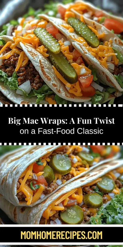 Discover a fun and convenient take on the iconic Big Mac with these Big Mac Wraps! Perfect for quick meals, picnics, or family gatherings, these wraps combine the familiar flavors of the classic burger into a portable format. Enjoy juicy ground beef, fresh vegetables, melted cheese, and a tangy special sauce all wrapped up in a delicious tortilla. Whether you're cooking for kids or hosting friends, these wraps can be customized to suit any taste. Get ready to satisfy your cravings with this delightful new twist!