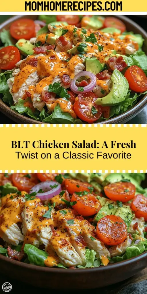 Discover the bliss of the BLT Chicken Salad Delight, a refreshing twist on the classic BLT sandwich. This quick and nutritious meal combines shredded chicken, crispy bacon, cherry tomatoes, and fresh romaine lettuce, all drizzled with a zesty homemade dressing. Perfect for busy days, it’s a versatile dish suitable for lunch, dinner, or a healthy snack. Enjoy the burst of flavors and vibrant colors while nourishing your body with wholesome ingredients. Ideal for meal prep, it’s both satisfying and simple to make!