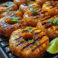 Pineapple is the star of this dish, providing natural sweetness and a juicy texture that holds up beautifully on the grill. When selecting your pineapple, look for one that is ripe and fragrant. A ripe pineapple will have a sweet aroma at the base, and the skin should yield slightly when pressed. The natural sugars in the fruit caramelize when grilled, creating a beautiful char that enhances its inherent sweetness. Additionally, the acidity in pineapple helps to break down proteins, making it an excellent accompaniment to grilled meats if you choose to serve it alongside.