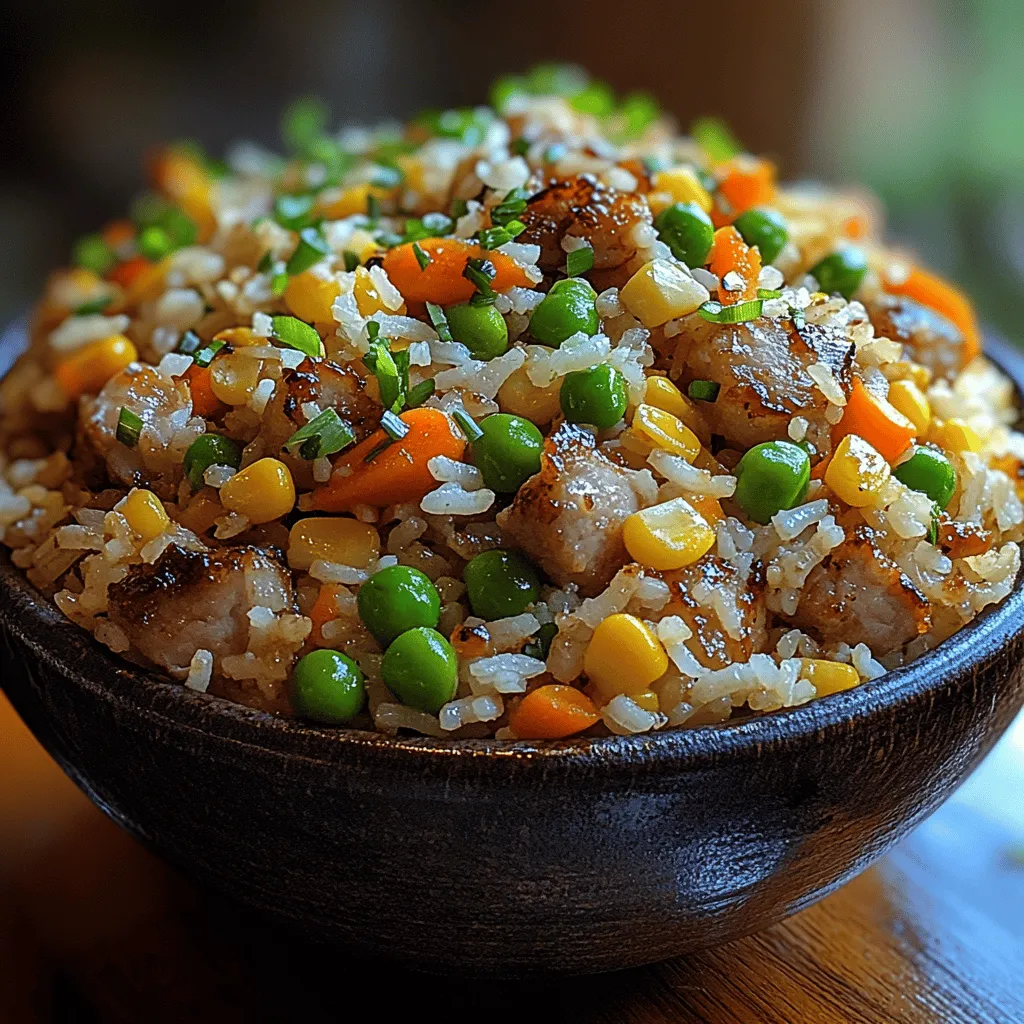 Fried rice is more than just a meal; it's a culinary tradition that spans numerous cultures, particularly in Asian cuisine. Originating as a practical way to use leftover rice, this dish has evolved into a beloved staple enjoyed by people all over the world. Each region adds its unique flair, resulting in an array of flavors and ingredients that can transform simple rice into a vibrant, satisfying dish. Among the many variations, <strong>Porky Perfection Fried Rice</strong> stands out for its rich taste and hearty texture, making it a favorite for both home cooks and restaurant-goers.” /></p>
</p>
<h3>The Role of Vegetable Oil in Achieving a Non-Stick Cooking Environment</h3>
</p>
<p>When it comes to perfecting your Porky Perfection Fried Rice, the choice of cooking oil plays a crucial role. Vegetable oil not only provides a neutral flavor that allows the natural ingredients to shine, but it also creates a non-stick environment essential for frying rice. Using vegetable oil effectively minimizes the risk of your ingredients sticking to the skillet, which can lead to uneven cooking and a less appealing texture. A high smoke point is also vital; vegetable oil can withstand high temperatures without burning, making it the ideal choice for stir-frying.</p>
</p>
<p>By heating the oil thoroughly before adding the rice and other ingredients, you ensure that the rice grains can sizzle as they hit the pan. This initial sear is what gives your fried rice that signature texture—crispy on the outside while remaining tender within. In this recipe, we recommend using about two tablespoons of vegetable oil to start. This amount will coat the bottom of your skillet, allowing for an even fry and preventing that dreaded sticking.</p>
</p>
<h3>Incorporating Mixed Vegetables: A Colorful Addition</h3>
</p>
<p>Adding mixed vegetables not only enhances the visual appeal of your Porky Perfection Fried Rice but also boosts its nutritional value. Vegetables like peas, carrots, corn, and bell peppers provide a burst of color and a myriad of health benefits, including essential vitamins, minerals, and dietary fiber. This addition makes your dish more balanced and satisfying, catering to both taste and nutrition.</p>
</p>
<p>When customizing your vegetable choices, consider personal preferences and seasonal availability. Feel free to experiment with edamame, green beans, or even zucchini for a fresh twist. The key is to ensure that your vegetables are cut into small, uniform pieces for even cooking.</p>
</p>
<p>To retain their nutrients and crunch, follow these cooking techniques: add the vegetables to the skillet shortly after the rice. Sauté them for about 2-3 minutes until they are vibrant and tender but still crisp. This quick cooking process helps them maintain their bright colors and essential nutrients while blending beautifully with the rice.</p>
</p>
<h3>Perfectly Scrambling Eggs: The Finishing Touch</h3>
</p>
<p>Eggs are a classic addition to fried rice, providing richness and protein. To achieve perfectly scrambled eggs, start by cracking them into a bowl and whisking until combined. This step introduces air into the eggs, which is essential for fluffiness.</p>
</p>
<p>Heat a separate skillet over medium heat and add a teaspoon of oil. Once heated, pour in the beaten eggs. Allow them to sit for a few seconds before gently stirring with a spatula. This technique helps create soft curds.</p>
</p>
<p>Continuously stir the eggs, ensuring they cook evenly without sticking to the pan, and remove them from the skillet while they are still slightly undercooked. This is important, as they will continue to cook when combined with the hot rice and other ingredients. For fluffy, evenly cooked scrambled eggs, aim for a light, creamy texture rather than dry and crumbly.</p>
</p>
<h3>Bringing It All Together: Combining Ingredients</h3>
</p>
<p>Now that you have your rice, vegetables, and scrambled eggs ready, it’s time to bring everything together for the final stir-fry. Begin by ensuring your skillet is still hot, as high heat is crucial for effective frying. Add the cooked rice to the skillet, breaking up any clumps with your spatula.</p>
</p>
<p>Next, introduce the sautéed vegetables and scrambled eggs. Use a folding motion to combine the ingredients cohesively, ensuring that the rice is evenly coated with the oil and the flavors are well distributed. Take care not to overcrowd the skillet; if needed, you can work in batches to maintain high heat. This step is vital to achieve the desired fried rice texture—crispy edges with a chewy center.</p>
</p>
<p>To enhance the flavor profile, drizzle some soy sauce or oyster sauce over the rice during this process, mixing thoroughly to ensure an even distribution of flavors. Keep frying for an additional 2-3 minutes, allowing the rice to pick up that delightful, toasted flavor that makes fried rice irresistible.</p>
</p>
<h3>Final Touches: Enhancing Flavor and Presentation</h3>
</p>
<p>With your Porky Perfection Fried Rice nearly complete, it’s time for the final touches. Thinly slice some green onions and sprinkle them over the dish just before serving. This addition not only adds a fresh crunch but also a pop of color that makes your dish visually appealing.</p>
</p>
<p>Taste testing is essential. Adjust seasoning as necessary, adding more soy sauce or a pinch of salt to suit your palate. Remember, the flavors should be balanced, with the savoriness of the soy sauce complementing the sweetness of the vegetables and the richness of the pork.</p>
</p>
<p>For presentation, serve the fried rice in colorful bowls or on a large platter. Garnish with additional green onions or sesame seeds for an attractive finish. You might also consider serving your Porky Perfection Fried Rice alongside lime wedges for a zesty contrast.</p>
</p>
<h3>Nutritional Insight: A Balanced Meal</h3>
</p>
<p>Porky Perfection Fried Rice is not just a delicious dish; it’s also a balanced meal. Each serving typically contains a healthy mix of protein, carbohydrates, and vegetables. Here’s a nutritional breakdown to give you an insight into what you’re enjoying with each plate:</p>
</p>
<p>– <strong>Calories</strong>: Approximately 500-600 calories per serving, depending on portion size and specific ingredients.</p>
<p>– <strong>Protein</strong>: The pork and eggs provide around 25-30 grams of protein, essential for muscle repair and growth.</p>
<p>– <strong>Carbohydrates</strong>: With about 70-80 grams of carbohydrates, the rice serves as an excellent energy source.</p>
<p>– <strong>Fiber</strong>: The mixed vegetables contribute 4-5 grams of dietary fiber, promoting digestive health.</p>
</p>
<p>Pairing this dish with a side of steamed broccoli or a fresh cucumber salad can enhance its nutritional profile further, providing additional vitamins and minerals while keeping the meal light and refreshing.</p>
</p>
<h3>Conclusion</h3>
</p>
<p>Making Porky Perfection Fried Rice is not just about cooking; it’s about enjoying the process and exploring various flavors. This dish combines the heartiness of pork, the nutrition of mixed vegetables, and the comfort of fried rice, making it a satisfying meal option for any occasion.</p>
</p>
<p>Feel free to experiment with different proteins or vegetable combinations, tailoring the dish to your taste preferences. The beauty of fried rice lies in its versatility, allowing you to make it your own. So gather your ingredients, heat up your skillet, and dive into the delightful world of Porky Perfection Fried Rice—your taste buds will thank you!</p>
</div>