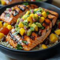 In the world of culinary delights, few dishes can rival the vibrancy and flavor explosion found in BBQ Salmon Bowls with Mango Avocado Salsa. This recipe marries the succulent, smoky taste of grilled salmon with a refreshing, zesty salsa that brings a burst of sweetness and creaminess to each bite. Not only is this bowl visually appealing with its bright colors, but it also offers a symphony of textures that makes it a feast for the senses.