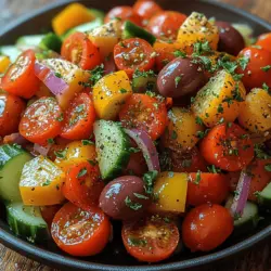 The Mediterranean Sunshine Greek Salad with Feta is not just a dish; it's a celebration of fresh, vibrant flavors that encapsulate the essence of Mediterranean cuisine. This salad is a feast for the eyes and the palate, showcasing a colorful array of vegetables that not only please the senses but also promote health and wellness. Perfect for a casual lunch, a family dinner, or as a stunning addition to festive gatherings, this salad is incredibly versatile. Its bright colors and refreshing taste make it an ideal choice for any occasion, whether you’re hosting a summer barbecue or looking for a light meal.