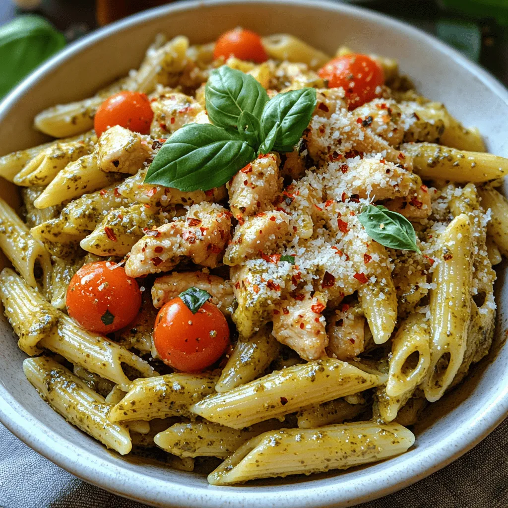 When it comes to easy yet delectable dinner options, few dishes can compete with <strong>Creamy Basil Pesto Chicken Penne</strong>. This recipe offers a delightful blend of creamy texture and robust flavors that make it a favorite for many. Whether you’re looking to impress guests at a dinner party or simply craving a comforting meal after a long day, this dish is sure to deliver.” /></p>
</p>
<h3>Combining Ingredients</h3>
</p>
<p>Once your ingredients are prepped and ready, the next step in creating the perfect Creamy Basil Pesto Chicken Penne is to combine them effectively. To ensure that every piece of pasta and chicken is evenly coated with the luscious pesto sauce, begin by adding the cooked penne to the skillet containing the sautéed chicken. It’s essential to do this while the pasta is still warm, as the heat will help the sauce adhere better.</p>
</p>
<p>Next, pour in your creamy basil pesto sauce. Using a spatula or tongs, gently toss the pasta, chicken, and sauce together until everything is well combined. The goal here is to achieve a uniform coating; you want each piece of pasta to be enveloped in the creamy, fragrant sauce without breaking the noodles. If you find that the mixture is too dry, you can add a splash of the reserved pasta water to loosen it up. This starchy water not only helps in achieving a smoother consistency but also enhances the overall flavor of the dish.</p>
</p>
<h3>Final Heating</h3>
</p>
<p>Final heating is a crucial step that should not be overlooked. Once everything is combined, return the skillet to low heat for a few minutes. This gentle warming allows the flavors to meld beautifully, intensifying the taste and aroma of the dish. Stir occasionally to ensure that nothing sticks to the bottom of the pan. This step will also help to ensure that the chicken is heated through completely, making for a wholesome and satisfying meal.</p>
</p>
<p>Take care not to overheat the dish, as excessive heat can cause the cream in the sauce to curdle. A low and slow approach will yield the best results, resulting in a creamy, well-balanced sauce that clings to the chicken and pasta perfectly.</p>
</p>
<h3>Serving Suggestions</h3>
</p>
<p>When it comes to serving your Creamy Basil Pesto Chicken Penne, presentation can elevate the dining experience. Start by plating the pasta in generous portions, ensuring a good mix of chicken and sauce in each serving. Consider garnishing with freshly grated Parmesan cheese and a sprinkle of pine nuts for added texture and flavor. A few fresh basil leaves can also add a pop of color and freshness to the dish.</p>
</p>
<p>For a more elaborate presentation, you can serve the pasta in individual bowls, drizzling a bit of extra pesto on top for visual appeal. Pairing the dish with a light side salad, such as a simple arugula and cherry tomato salad dressed with lemon vinaigrette, will complement the richness of the pesto while adding a refreshing contrast.</p>
</p>
<h3>Nutritional Information</h3>
</p>
<p>Understanding the nutritional benefits of Creamy Basil Pesto Chicken Penne enhances its appeal as a wholesome meal. Each serving contains approximately 550 calories, making it a satisfying option for lunch or dinner without being overly indulgent. The breakdown includes around 30 grams of protein, thanks to the chicken, which helps in muscle repair and growth, and about 20 grams of fat primarily from the cream and pesto, contributing to the dish’s richness.</p>
</p>
<p>The balance of macronutrients provided by the combination of chicken, penne, and cream makes this dish a well-rounded meal. Not only does it deliver essential proteins and fats, but it also offers significant vitamins and minerals. Basil, the star ingredient, is rich in antioxidants and has anti-inflammatory properties, while tomatoes provide vitamin C, potassium, and folate. These nutrients contribute to overall health, making this pasta dish not only delicious but also beneficial for your well-being.</p>
</p>
<h3>Flavor Variations and Customizations</h3>
</p>
<p>One of the joys of cooking is the ability to adapt recipes to suit personal tastes and dietary preferences. Here are some creative ways to modify the Creamy Basil Pesto Chicken Penne:</p>
</p>
<h4>Vegetarian Options</h4>
</p>
<p>For those looking to enjoy a meatless meal, substitute chicken with plant-based proteins. Options such as chickpeas, lentils, or grilled tofu can provide a hearty texture that complements the creamy sauce. Additionally, consider using a store-bought or homemade vegetarian pesto to keep the dish fully plant-based.</p>
</p>
<h4>Gluten-Free Choices</h4>
</p>
<p>If gluten is a concern, there are numerous alternatives to traditional penne pasta. Gluten-free pasta options made from brown rice, quinoa, or lentils are widely available and can provide a similar texture and flavor. Be sure to cook them according to the package instructions for the best results.</p>
</p>
<h4>Extra Vegetables</h4>
</p>
<p>Incorporating seasonal or favorite vegetables into your dish not only adds nutrition but also enhances the overall flavor. Consider adding sautéed bell peppers, zucchini, or spinach for added color and texture. You can toss these vegetables into the skillet during the final heating stage to keep them tender yet crisp.</p>
</p>
<h4>Spice Levels</h4>
</p>
<p>For those who enjoy a bit of heat, adjusting the spice level of the dish is simple. You can add crushed red pepper flakes to the pesto or sprinkle them over the finished dish for an extra kick. Alternatively, a dash of hot sauce can elevate the flavor profile without overwhelming the dish.</p>
</p>
<h3>Pairing Suggestions</h3>
</p>
<p>To create a well-rounded meal, consider pairing your Creamy Basil Pesto Chicken Penne with complementary side dishes and beverages.</p>
</p>
<h4>Salad Pairings</h4>
</p>
<p>A light, fresh salad can balance the richness of the pasta. A simple mixed green salad with a tangy vinaigrette can cleanse the palate. Alternatively, a Caprese salad with fresh mozzarella, tomatoes, and basil can echo the flavors in the pasta while providing a refreshing contrast.</p>
</p>
<h4>Bread Options</h4>
</p>
<p>To soak up the delicious sauce, serve your pasta with slices of crusty bread, like sourdough or a baguette. Garlic bread is also a popular choice that adds an aromatic touch and complements the pesto’s flavor beautifully.</p>
</p>
<h4>Wine Pairings</h4>
</p>
<p>Choosing the right wine can enhance your dining experience. A crisp white wine, such as a Sauvignon Blanc or Pinot Grigio, pairs well with the creamy sauce, while a light-bodied red, like Pinot Noir, can also work for those who prefer red wine. The key is to select a wine that won’t overpower the dish but rather enhance its flavors.</p>
</p>
<h3>Conclusion</h3>
</p>
<p>Creamy Basil Pesto Chicken Penne is more than just a meal; it’s a comforting dish that brings families together around the dining table. Its versatility allows you to customize it according to dietary needs, preferences, and seasonal availability, making it suitable for any occasion. Whether it’s a weeknight dinner or a special gathering, this dish promises to deliver delightful flavors that everyone will enjoy.</p>
</p>
<p>So why not try your hand at this delectable recipe? Experience the harmony of creamy pesto, tender chicken, and perfectly cooked penne. Once you’ve made it, you’ll understand why Creamy Basil Pesto Chicken Penne is destined to become a family favorite. Enjoy cooking and savoring each delicious bite!</p>
</div>