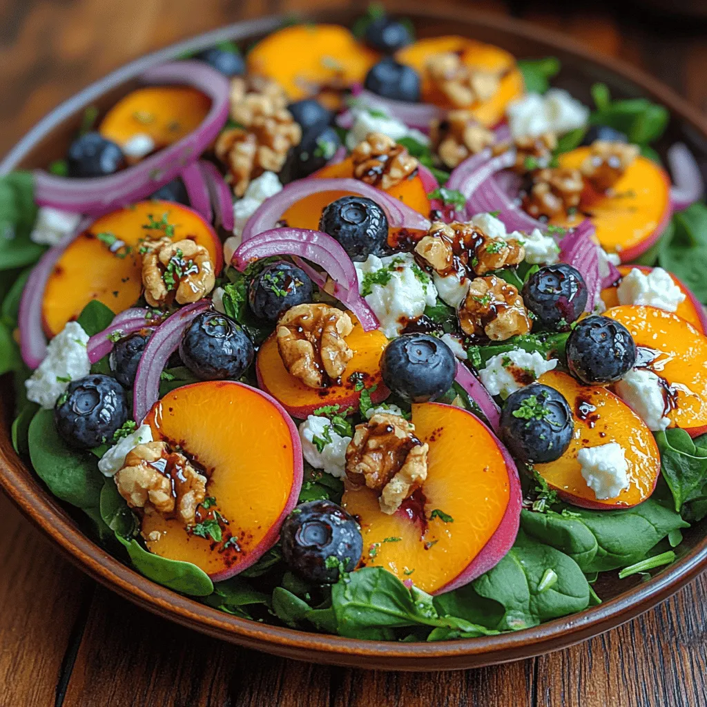 If you're searching for a salad that brings together a harmonious blend of flavors and textures, look no further than the Blueberry Peach Feta Delight. This delightful dish marries sweet, juicy fruits with creamy cheese, fresh greens, and crunchy nuts, creating a culinary experience that is both satisfying and refreshing. The combination of blueberries and peaches provides a perfect balance of sweetness, while the feta cheese adds a savory element, making it an ideal dish for any occasion — be it a summer picnic, a light lunch, or an elegant dinner party.
