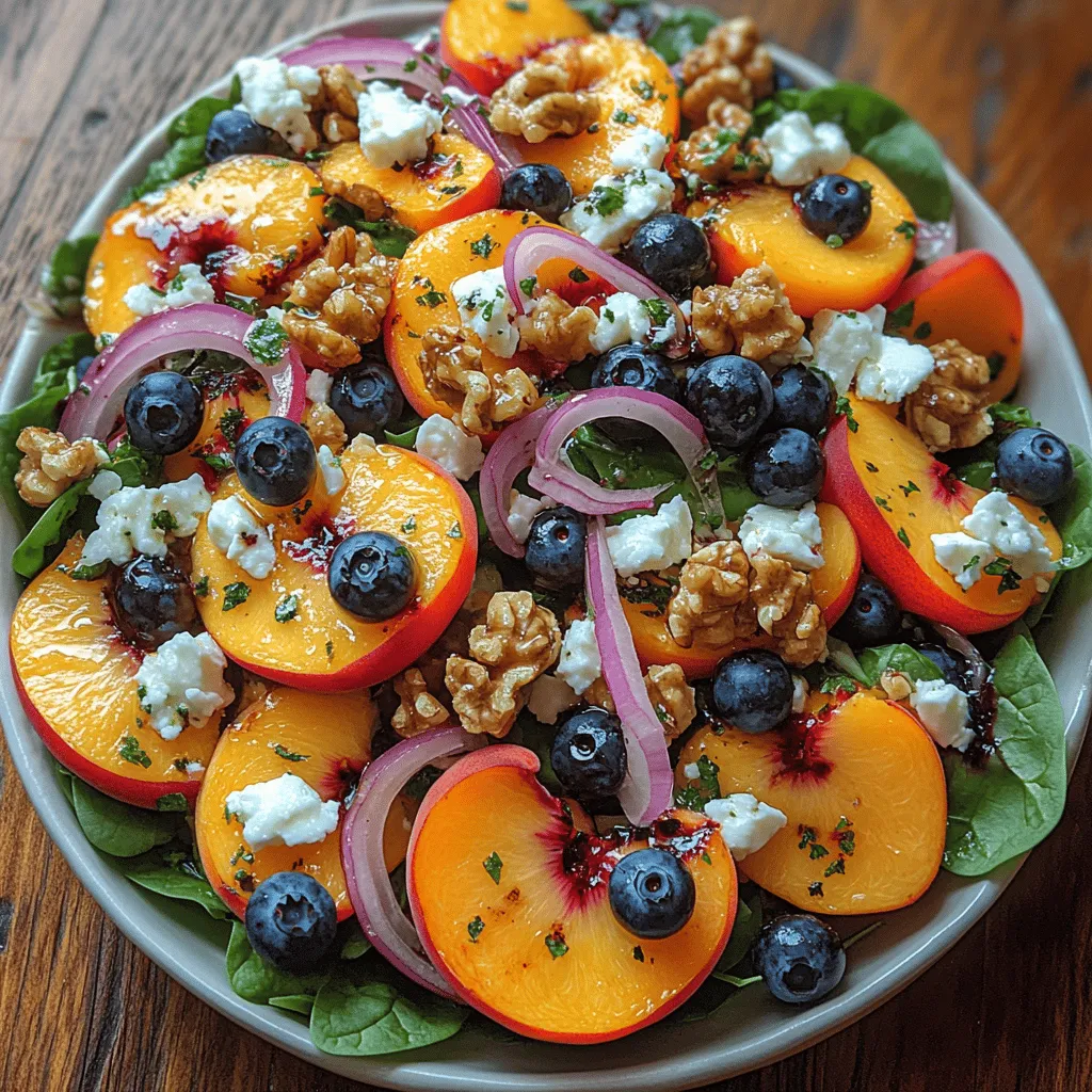 If you're searching for a salad that brings together a harmonious blend of flavors and textures, look no further than the Blueberry Peach Feta Delight. This delightful dish marries sweet, juicy fruits with creamy cheese, fresh greens, and crunchy nuts, creating a culinary experience that is both satisfying and refreshing. The combination of blueberries and peaches provides a perfect balance of sweetness, while the feta cheese adds a savory element, making it an ideal dish for any occasion — be it a summer picnic, a light lunch, or an elegant dinner party.
