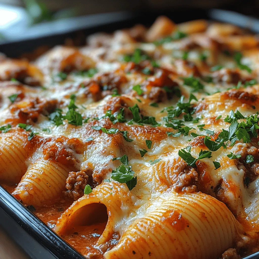 When it comes to hearty and comforting dishes, <strong>Creamy Beef Shells Casserole</strong> stands out as a crowd-pleaser. This delectable recipe combines the rich flavors of seasoned ground beef, creamy cheeses, and flavorful marinara, all enveloped in tender jumbo pasta shells. Not only does this dish boast an indulgent taste that warms the heart, but it also provides a satisfying meal that’s perfect for family dinners or gatherings. Its creamy texture, combined with the savory meat filling, creates a dish that feels like a warm hug on a plate.” /></p>
</p>
<h3>Arranging Filled Shells: Tips for Even Cooking and Presentation</h3>
</p>
<p>Once your pasta shells are filled with that delicious beef and cheese mixture, it’s time to arrange them in your casserole dish. For even cooking and an appealing presentation, there are a few key strategies to keep in mind:</p>
</p>
<p>1. <strong>Even Spacing</strong>: Place the filled shells in a single layer in the casserole dish. This allows for even cooking as the heat circulates freely around each shell. Avoid overcrowding the dish; if necessary, use a larger dish or a second one to accommodate all the shells.</p>
</p>
<p>2. <strong>Sauce Layering</strong>: Before adding the filled shells, spread a thin layer of sauce (either marinara or a creamy béchamel) on the bottom of the dish. This not only prevents sticking but also infuses the shells with moisture and flavor as they bake.</p>
</p>
<p>3. <strong>Alignment</strong>: Arrange the shells in a neat, organized manner, such as in rows or a slight overlapping pattern. This adds to the visual appeal when serving and ensures that each shell is easily accessible.</p>
</p>
<h3>Topping the Casserole</h3>
</p>
<p>The topping is a crucial element of your creamy beef shells casserole, enhancing both flavor and texture. Here are some best practices for achieving a perfectly topped dish:</p>
</p>
<p>– <strong>Cheese Distribution</strong>: Use a blend of cheeses for a rich flavor profile; a combination of mozzarella for stretchiness and Parmesan for a sharp bite works wonderfully. Evenly sprinkle the cheese over the filled shells, ensuring every shell gets its fair share. This helps to create a uniform golden crust as it bakes.</p>
</p>
<p>– <strong>Additional Toppings</strong>: Consider adding breadcrumbs for an extra crunchy texture. Mix them with a bit of melted butter and sprinkle over the cheese. You can also include herbs like oregano or thyme for added flavor.</p>
</p>
<h3>Using Aluminum Foil: Benefits for Cooking and Preventing Drying Out</h3>
</p>
<p>Covering your casserole with aluminum foil during the initial baking phase is essential for retaining moisture and ensuring even cooking. Here’s how to use foil effectively:</p>
</p>
<p>– <strong>Covering</strong>: Once the casserole is assembled, cover it loosely with aluminum foil. This creates a steamy environment that helps cook the pasta thoroughly while preventing the cheese from burning.</p>
</p>
<p>– <strong>Foil Removal</strong>: Remove the foil during the last 10 to 15 minutes of baking to allow the cheese to bubble and brown. This approach creates that desirable golden crust while keeping the inside creamy.</p>
</p>
<h3>Baking the Casserole</h3>
</p>
<p>The baking process is where your creamy beef shells casserole comes to life. Here are some vital points to consider:</p>
</p>
<h4>Covering and Uncovering</h4>
</p>
<p>As mentioned, foil plays a significant role in the baking process. Initially covering the casserole helps ensure that the pasta cooks thoroughly without drying out. Keep the following in mind:</p>
</p>
<p>– <strong>Baking Time</strong>: A typical baking time for this casserole ranges from 25 to 35 minutes at 350°F (175°C). Check for doneness around the 25-minute mark.</p>
</p>
<p>– <strong>Signs to Remove Foil</strong>: Look for bubbling sauce and melted cheese at the sides of the dish. When the edges appear slightly golden, it’s time to remove the foil.</p>
</p>
<h4>Achieving the Perfect Bake</h4>
</p>
<p>The ideal texture and appearance of your creamy beef shells casserole should be a harmonious blend of creamy and crispy. Aim for:</p>
</p>
<p>– <strong>Texture</strong>: The ravioli should be tender but still hold their shape, while the cheese topping should be golden brown and slightly crisp.</p>
</p>
<p>– <strong>Visual Appeal</strong>: The casserole should look inviting, with visible layers of cheese and sauce. A well-baked dish will have a lovely golden crust, contrasting beautifully with the creamy filling.</p>
</p>
<h3>Serving Suggestions</h3>
</p>
<p>Serving your creamy beef shells casserole can be as delightful as preparing it. Here are some ideas for making your meal complete:</p>
</p>
<h4>Ideas for Accompaniments</h4>
</p>
<p>– <strong>Side Dishes</strong>: Pair your casserole with a fresh garden salad dressed in a light vinaigrette to balance the rich flavors. Garlic bread is another great side, perfect for soaking up any extra sauce.</p>
</p>
<p>– <strong>Pairing Options</strong>: For a well-rounded meal, consider pairing your casserole with a light-bodied red wine like Pinot Noir or a refreshing white like Chardonnay. If you prefer non-alcoholic beverages, a sparkling water with a slice of lemon can be a great palate cleanser.</p>
</p>
<h4>Presentation Tips</h4>
</p>
<p>– <strong>Garnishing</strong>: Before serving, sprinkle freshly chopped parsley over the casserole to add a pop of color and freshness. This simple touch enhances visual appeal and adds a hint of herbal flavor that complements the richness of the dish.</p>
</p>
<h3>Nutritional Insights</h3>
</p>
<p>Understanding the nutritional profile of your creamy beef shells casserole can help you make more informed choices. Here’s a breakdown:</p>
</p>
<h4>Overview of the Nutritional Profile</h4>
</p>
<p>– <strong>Serving Size</strong>: A typical serving of creamy beef shells casserole is about one cup, which provides a satisfying portion without overwhelming your plate.</p>
</p>
<p>– <strong>Calories per Serving</strong>: Depending on the specific ingredients used, each serving typically contains around 400-500 calories. This makes it a hearty yet manageable meal option.</p>
</p>
<p>– <strong>Balance of Macronutrients</strong>: Expect a good balance of macronutrients: each serving can provide approximately 25g of protein, 20g of fat, and 40g of carbohydrates. This combination ensures you feel satisfied without feeling overly heavy.</p>
</p>
<h4>Discussion on Modifications for Dietary Needs</h4>
</p>
<p>– <strong>Gluten-Free Options</strong>: For those with gluten sensitivities, opting for gluten-free pasta shells can make this dish accessible to everyone. Many brands offer excellent alternatives that cook similarly to traditional pasta.</p>
</p>
<p>– <strong>Leaner Meat Alternatives</strong>: Swap out ground beef for ground turkey or chicken for a lighter version of the casserole, or use plant-based meat substitutes for a vegetarian option.</p>
</p>
<h3>Conclusion</h3>
</p>
<p>Creamy beef shells casserole is a delightful dish that combines comforting flavors with a satisfying texture. Its versatility means you can adapt the recipe to fit your family’s tastes or dietary needs, making it perfect for a cozy weeknight dinner or a gathering with friends.</p>
</p>
<p>Encourage your family and friends to join in on the preparation, making it a fun and interactive meal experience. With its creamy filling, cheesy topping, and endless possibilities for customization, this casserole is sure to become a staple in your home. So gather your ingredients, preheat your oven, and enjoy the process of creating this hearty, delicious meal that everyone will love.</p>
</div>