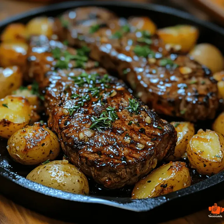 Imagine a dish that effortlessly combines the succulent richness of steak with the comforting heartiness of baby potatoes, all prepared in a single pan. The Sizzling Garlic Butter Steak and Potatoes Skillet is not just a meal; it’s a culinary experience that brings together bold flavors and simple preparation. This dish is perfect for those busy weeknights when you want to impress family or friends with a hearty, comforting meal without spending hours in the kitchen.