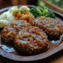 Salisbury steak is more than just a meal; it’s a nostalgic journey back to simpler times, where families gathered around the dinner table to share stories and enjoy hearty dishes that warmed the soul. This classic American dish has delighted taste buds for generations, and for good reason. Its simplicity and comfort factor make it a beloved choice in homes across the country. The Savory Salisbury Steak Delight recipe elevates this classic to new heights, featuring a rich, velvety brown gravy that perfectly complements the flavorful steak patties.