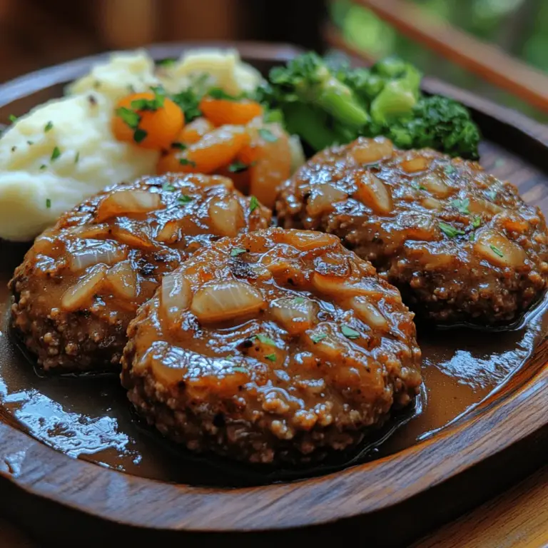 Salisbury steak is more than just a meal; it’s a nostalgic journey back to simpler times, where families gathered around the dinner table to share stories and enjoy hearty dishes that warmed the soul. This classic American dish has delighted taste buds for generations, and for good reason. Its simplicity and comfort factor make it a beloved choice in homes across the country. The Savory Salisbury Steak Delight recipe elevates this classic to new heights, featuring a rich, velvety brown gravy that perfectly complements the flavorful steak patties.