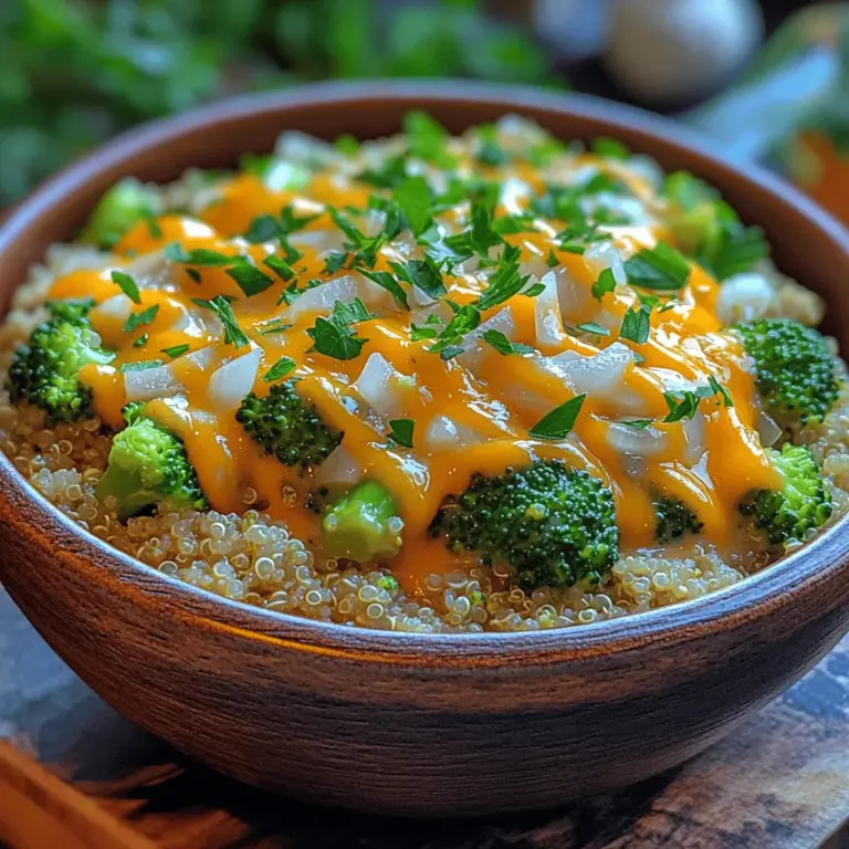 Welcome to the world of Broccoli Cheddar Quinoa Delight, a dish that harmoniously blends nutrition and flavor into a single, satisfying meal. Whether you're a busy professional seeking a quick dinner solution or a health-conscious individual looking to enrich your diet, this recipe stands out as a perfect choice. With its colorful combination of quinoa, broccoli, and cheddar cheese, this dish not only satisfies the palate but also nourishes the body, making it an appealing option for both vegetarians and those who want to explore more plant-based ingredients.