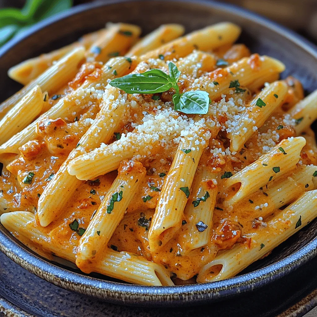 In the fast-paced world we live in, the importance of home-cooked meals cannot be overstated. They not only nourish our bodies but also serve as a means of connection and comfort amidst our busy lives. Among the myriad of dishes that one can whip up at home, <strong>Creamy Roasted Red Pepper Penne</strong> stands out as a vibrant and flavorful option that brings a touch of elegance to the dinner table without demanding too much time or effort.” /></p>
</p>
<h3>Nutritional Information</h3>
</p>
<p>Understanding the nutritional profile of your meals is essential for maintaining a balanced diet. This Creamy Roasted Red Pepper Penne is not only delicious but also offers various health benefits. Here’s a breakdown of the nutritional content per serving, followed by insights into the health benefits of its key ingredients.</p>
</p>
<h4>Nutritional Breakdown per Serving</h4>
<p>– <strong>Calories</strong>: Approximately 400</p>
<p>– <strong>Protein</strong>: 12 grams</p>
<p>– <strong>Carbohydrates</strong>: 60 grams</p>
<p>– <strong>Fat</strong>: 15 grams</p>
<p>– <strong>Fiber</strong>: 5 grams</p>
<p>– <strong>Sugar</strong>: 4 grams</p>
</p>
<h4>Health Benefits of Key Ingredients</h4>
<p>– <strong>Red Bell Peppers</strong>: Packed with vitamins A and C, red bell peppers are rich in antioxidants, which help combat oxidative stress and inflammation in the body. They also support skin health and boost the immune system.</p>
<p>– <strong>Penne Pasta</strong>: A great source of carbohydrates, penne pasta provides energy for the body. Opting for whole grain pasta can enhance fiber content, aiding digestion and promoting a feeling of fullness.</p>
<p>– <strong>Cream</strong>: While cream adds richness and flavor, it also contains calcium and fat-soluble vitamins. Using lighter cream options can reduce calorie intake without sacrificing taste.</p>
<p>– <strong>Garlic and Onions</strong>: Both are known for their immune-boosting properties. Garlic has been linked to improved heart health, while onions offer anti-inflammatory benefits.</p>
</p>
<h4>Dietary Considerations</h4>
<p>This recipe can easily be adapted to suit various dietary needs:</p>
<p>– <strong>Gluten-Free</strong>: Substitute traditional penne with gluten-free pasta made from rice or quinoa, ensuring everyone can enjoy this dish.</p>
<p>– <strong>Vegan Options</strong>: For a vegan twist, replace cream with coconut cream or a cashew cream alternative. Nutritional yeast can be added for a cheesy flavor without using dairy.</p>
</p>
<h3>Cultural Significance and History</h3>
</p>
<p>Pasta dishes like Creamy Roasted Red Pepper Penne have roots in Italian cuisine, a vital part of Italy’s cultural heritage. The use of roasted red peppers adds a unique twist to traditional pasta sauces, blending flavors that are both rich and comforting.</p>
</p>
<h4>Origins and Variations</h4>
<p>The origins of pasta can be traced back to ancient civilizations, with evidence suggesting that noodles were consumed in China as early as 2000 BC. However, it was the Italians who truly embraced pasta and made it an integral part of their culinary identity. Variations of pasta sauces, including those made with roasted peppers, are popular throughout Italy, especially in regions known for their vibrant and flavorful produce.</p>
</p>
<p>In Mediterranean cultures, roasted vegetables are often celebrated, leading to variations of this dish that may include different herbs and spices. For instance, in Southern Italy, you might find added elements like capers or olives that enhance the dish’s flavor profile.</p>
</p>
<h4>Importance in Traditions</h4>
<p>Pasta dishes hold a special place in many Italian celebrations, from family gatherings to festive occasions. The act of sharing a hearty meal of pasta is steeped in tradition, symbolizing togetherness and hospitality. Creamy Roasted Red Pepper Penne can be served at dinner parties, holiday gatherings, or simply as a comforting weeknight meal, making it a versatile choice for any occasion.</p>
</p>
<h3>Common Mistakes to Avoid</h3>
</p>
<p>When preparing Creamy Roasted Red Pepper Penne, there are common pitfalls that can affect the outcome of your dish. Avoiding these mistakes will help ensure a successful meal every time.</p>
</p>
<h4>Typical Pitfalls</h4>
<p>1. <strong>Overcooking the Pasta</strong>: One of the most common mistakes is overcooking the penne. Always cook pasta al dente (firm to the bite) as it will continue to cook when combined with the sauce. Remember to reserve some pasta water to adjust the sauce’s consistency if needed.</p>
</p>
<p>2. <strong>Not Roasting Peppers Properly</strong>: To achieve the best flavor, ensure that you roast the red peppers until they are charred and tender. This caramelization brings out their natural sweetness. If using jarred peppers, opt for those packed in water or oil without added preservatives for the best flavor.</p>
</p>
<p>3. <strong>Skipping Seasoning</strong>: The creamy sauce can be bland if not seasoned adequately. Don’t forget to season with salt, pepper, and perhaps a pinch of crushed red pepper flakes for a kick. Taste as you go to adjust seasoning levels.</p>
</p>
<h4>Troubleshooting Common Issues</h4>
<p>– <strong>Too Thick Sauce</strong>: If your sauce is too thick, add a splash of reserved pasta water to loosen it up. This will also help the sauce cling better to the pasta.</p>
<p>– <strong>Lumpy Sauce</strong>: If the cream sauce turns out lumpy, it may be due to heating it too quickly. Always heat the cream gently and stir continuously to achieve a smooth consistency.</p>
</p>
<h4>Importance of Patience and Practice</h4>
<p>Cooking is an art that improves with practice. Don’t be discouraged by initial attempts; take time to master the roasting process and sauce preparation. Each time you make this dish, you’ll learn more about balancing flavors and achieving the perfect texture.</p>
</p>
<h3>Frequently Asked Questions</h3>
</p>
<h4>Can I use other types of pasta?</h4>
<p>Yes! While penne is ideal due to its shape and texture, feel free to experiment with other pasta types such as fusilli, rigatoni, or even gluten-free options, depending on your dietary needs.</p>
</p>
<h4>How long can I store leftover Creamy Roasted Red Pepper Penne?</h4>
<p>Leftovers can be stored in an airtight container in the refrigerator for up to three days. Reheat gently on the stove, adding a bit of water or cream to revive the sauce.</p>
</p>
<h4>Can I freeze this dish?</h4>
<p>Yes, you can freeze Creamy Roasted Red Pepper Penne for up to two months. Store in a freezer-safe container and thaw in the refrigerator overnight before reheating.</p>
</p>
<h4>What can I use instead of cream?</h4>
<p>If you’re looking for a lighter alternative, consider using Greek yogurt, coconut milk, or a cashew cream. Each will impart a different flavor and texture, allowing for creative variations.</p>
</p>
<h3>Conclusion</h3>
</p>
<p>Creamy Roasted Red Pepper Penne is not just a dish; it’s an experience that brings people together around the table. Its vibrant flavors and creamy texture make it a crowd-pleaser, perfect for both casual dinners and festive occasions. With a few simple ingredients, you can create a meal that nourishes both the body and soul.</p>
</p>
<p>Reflecting on the joy of cooking, this dish embodies the spirit of culinary creativity. Don’t hesitate to explore variations and make it your own. Whether you’re cooking for yourself, family, or friends, allow the process to be enjoyable and fulfilling. Each time you prepare this dish, you’ll refine your skills and indulge in the delightful flavors that come from the heart of Italian cuisine. So gather your ingredients, embrace the cooking process, and enjoy every bite of this creamy, comforting pasta dish.</p>
</div>