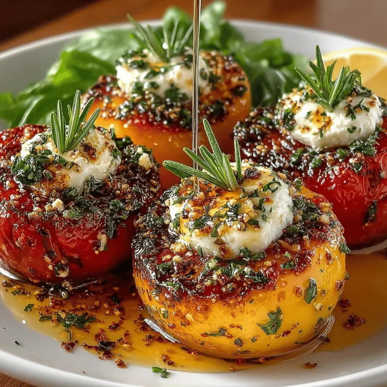Herb-Infused Roasted Peaches is a culinary creation that beautifully marries the sweet, juicy essence of ripe peaches with the aromatic, savory notes of fresh herbs. This dish is not only a feast for the palate but also a feast for the eyes, making it an ideal choice for a range of occasions—whether you are looking for a unique appetizer to impress your guests or a light, elegant dessert to enjoy after dinner. The versatility of this recipe allows it to shine at summer gatherings, picnics, or even as a comforting treat on a quiet night at home.