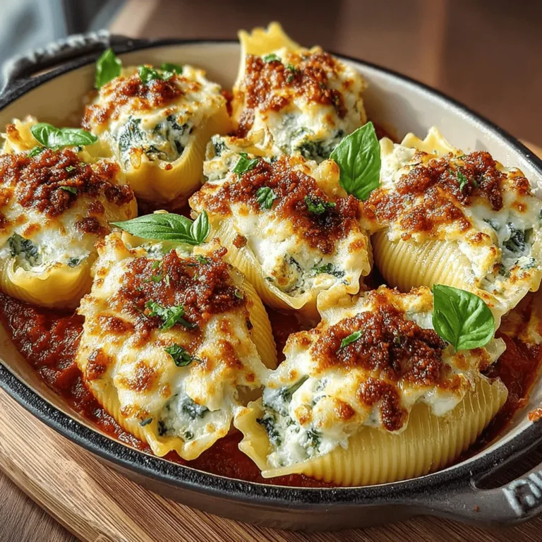 Creamy Spinach & Ricotta Stuffed Shells in Marinara Delight is a dish that embodies the essence of comfort food. This Italian-inspired recipe brings together the richness of cheese, the vibrant freshness of spinach, and the tangy depth of marinara sauce, creating a harmonious blend of flavors that is sure to delight your taste buds. Ideal for family gatherings, weeknight dinners, or cozy nights spent at home, this dish is a crowd-pleaser that invites everyone to the table.